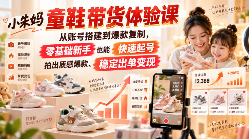 小朱妈童鞋带货体验课，从账号搭建到爆款复制，零基础新手也能快速起号、拍出质感爆款、稳定出单变现-MFXUI中国站