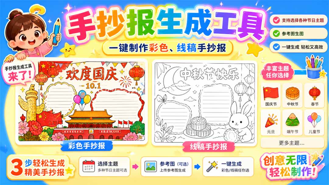 手抄报批量生成工具来了，完全免费，告别豆包生图，这个高清无水印-MFXUI中国站