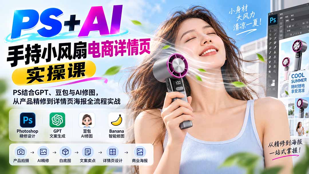 PS+AI手持小风扇电商详情页实操课：PS结合GPT、豆包与AI修图，从产品精修到详情页海报全流程实战-MFXUI中国站