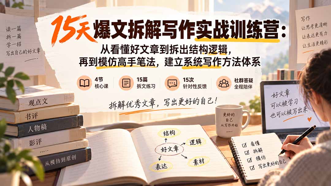 15天爆文拆解写作实战训练营:从看懂好文章到拆出结构逻辑,再到模仿高手笔法,建立系统写作方法体系-MFXUI中国站
