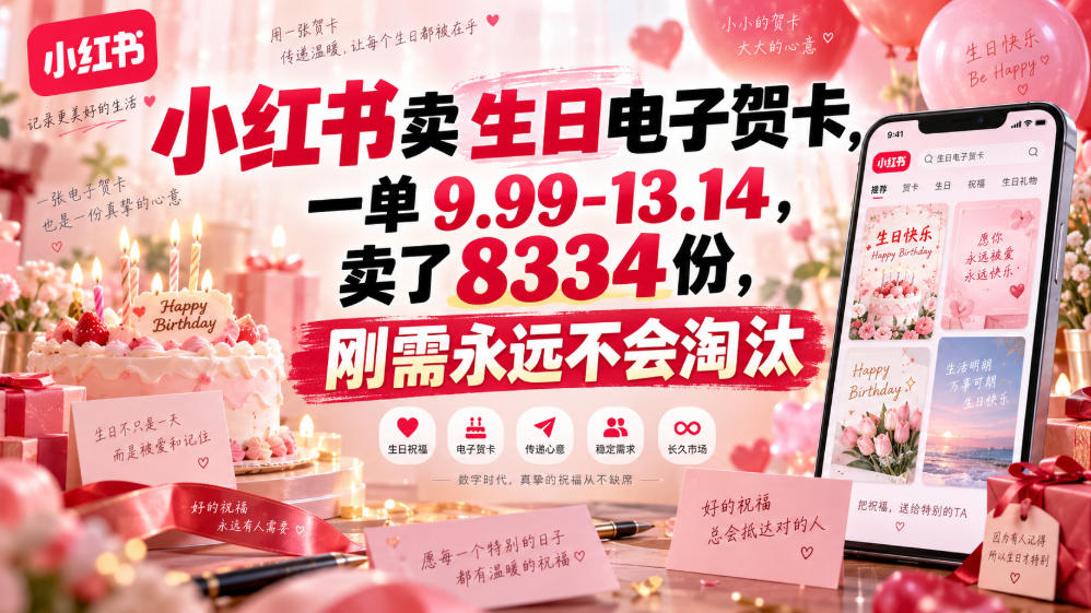 小红书卖生日电子贺卡，一单9.99-13.14，卖了8334份，刚需永远不会淘汰-MFXUI中国站