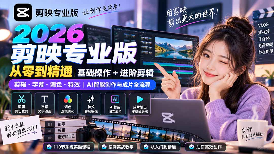 2026剪映专业版从零到精通｜基础操作+进阶剪辑｜剪辑·字幕·调色·特效｜AI智能创作与成片全流程-MFXUI中国站