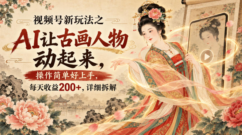 视频号新玩法之AI让古画人物动起来，操作简单好上手，每天收益200+，详细拆解-MFXUI中国站