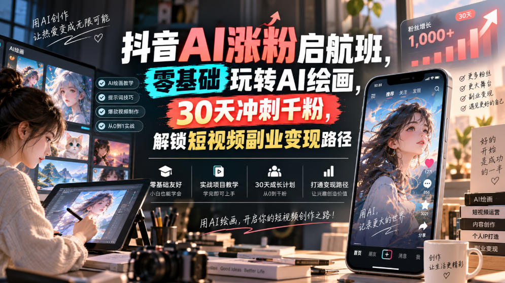 抖音AI涨粉启航班，零基础玩转AI绘画，30天冲刺千粉，解锁短视频副业变现路径-MFXUI中国站