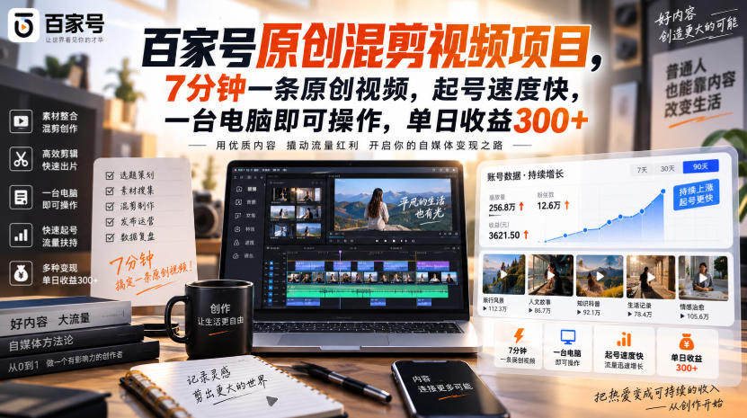 百家号原创混剪视频项目，7分钟一条原创视频，起号速度快，一台电脑即可操作，单日收益300+-MFXUI中国站