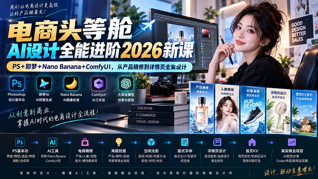 电商头等舱AI设计全能进阶2026新课：PS+即梦+Nano Banana+ComfyUI，从产品精修到详情页全案设计-MFXUI中国站