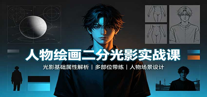 人物绘画二分光影实战课：光影基础属性解析，多部位带练，人物场景设计-MFXUI中国站