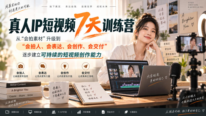 真人IP短视频7天训练营，从“会拍素材”升级到“会拍人、会表达、会创作、会交付”，逐步建立可持续的短视频创作能力-MFXUI中国站