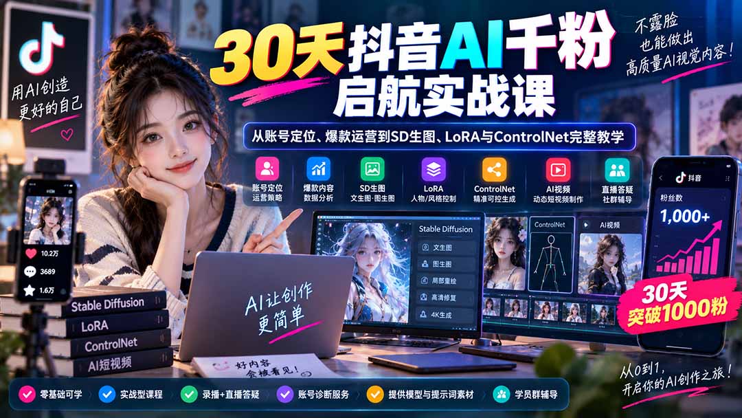 30天抖音AI千粉启航实战课：从账号定位、爆款运营到SD生图、LoRA与ControlNet完整教学-MFXUI中国站