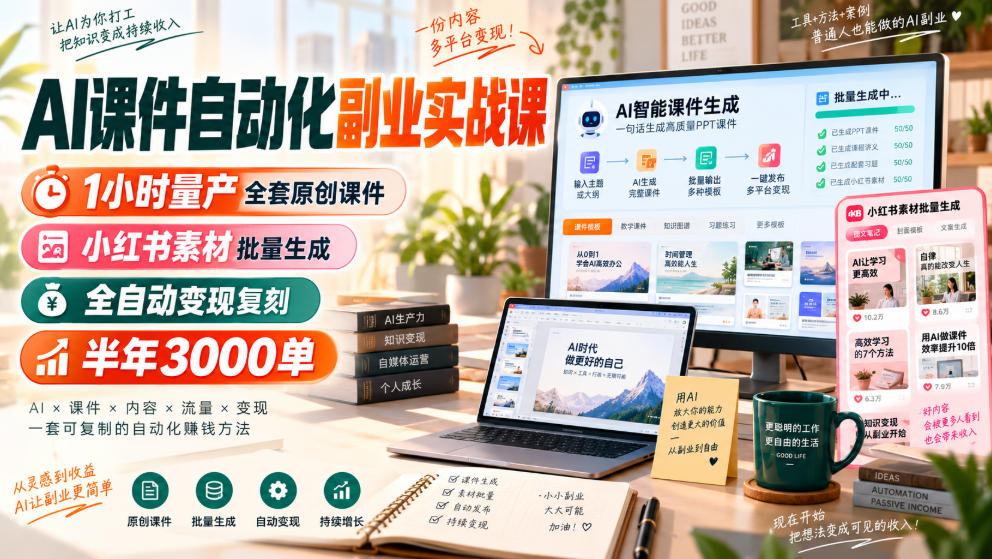 AI课件自动化副业实战课，1小时量产全套原创课件，小红书素材批量生成，全自动变现复刻，半年3000单-MFXUI中国站