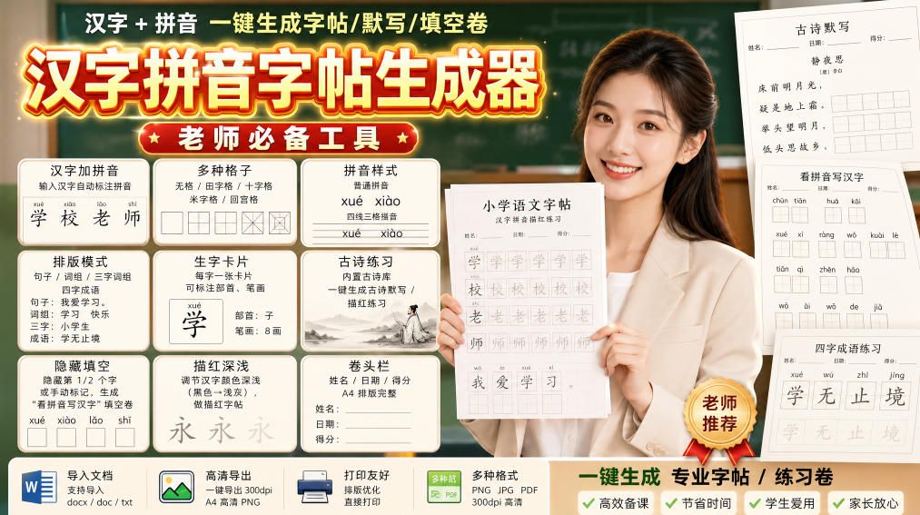 学习神器，汉字拼音字帖生成器，汉字+拼音 一键生成字帖/默写/填空卷，支持词组、成语，老师、家长必备-MFXUI中国站