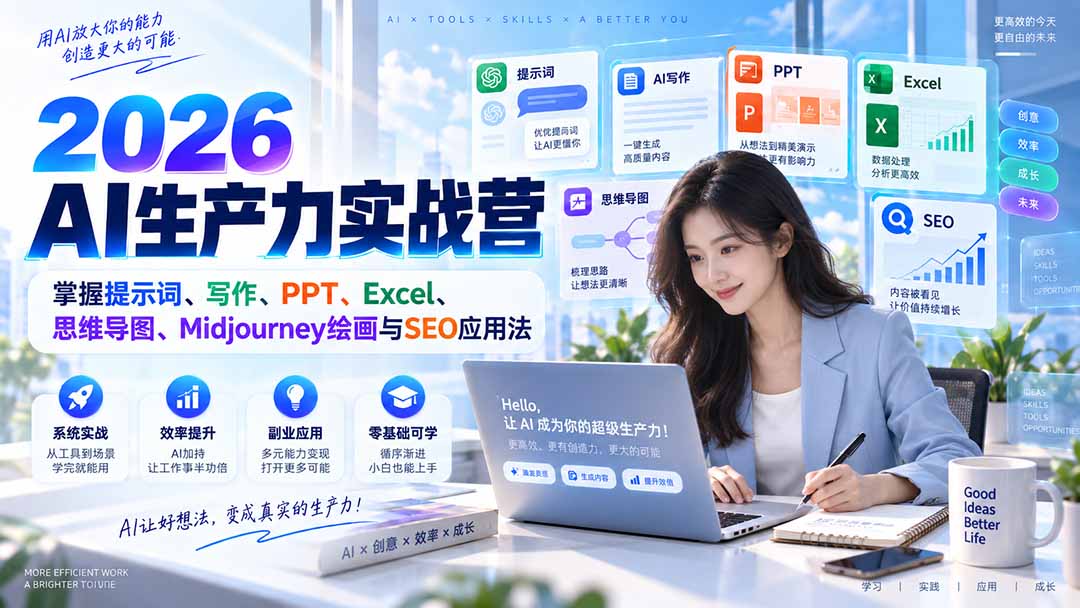 2026AI生产力实战营：掌握提示词、写作、PPT、Excel、思维导图、Midjourney绘画与SEO应用法-MFXUI中国站