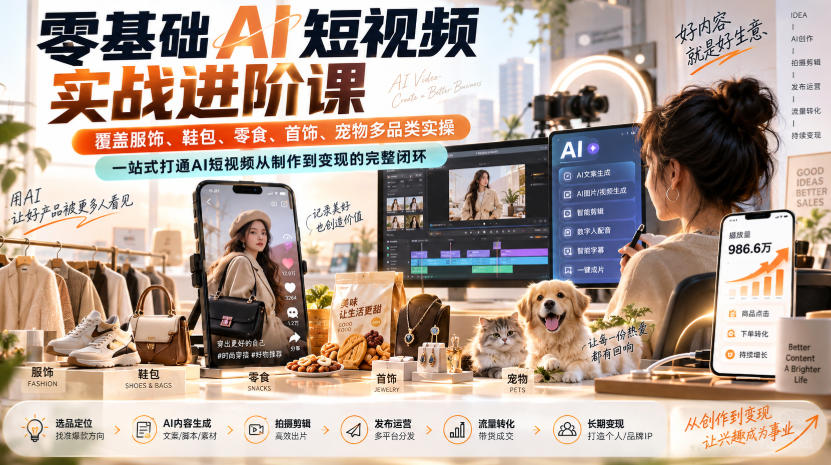零基础AI短视频实战进阶课，覆盖服饰、鞋包、零食、首饰、宠物多品类实操，一站式打通AI短视频从制作到变现的完整闭环-MFXUI中国站