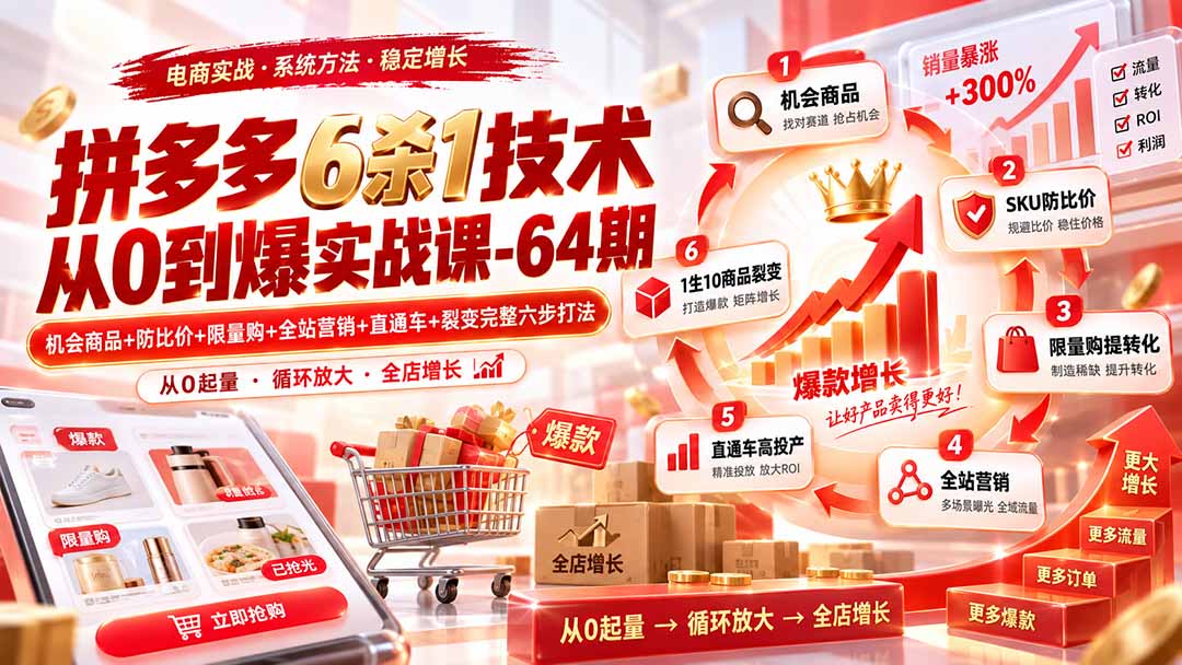拼多多6杀1技术从0到爆实战课-64期：机会商品+防比价+限量购+全站营销+直通车+裂变完整六步打法-MFXUI中国站