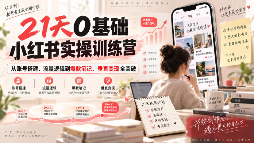 21天0基础小红书实操训练营｜从账号搭建、流量逻辑到爆款笔记、垂直变现全突破-MFXUI中国站