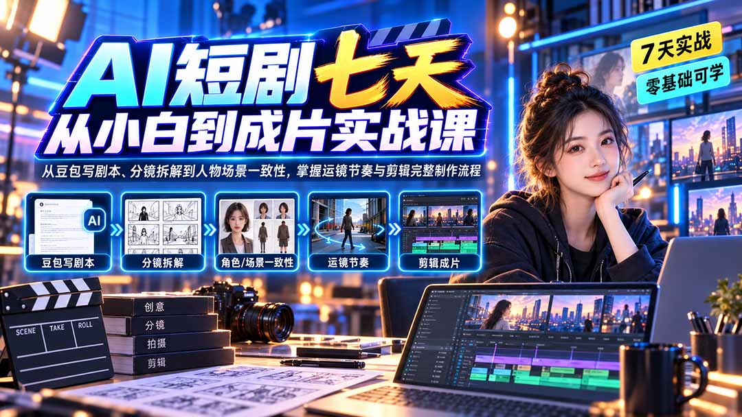 AI短剧七天从小白到成片实战课：从豆包写剧本、分镜拆解到人物场景一致性，掌握运镜节奏与剪辑完整制作流程-MFXUI中国站