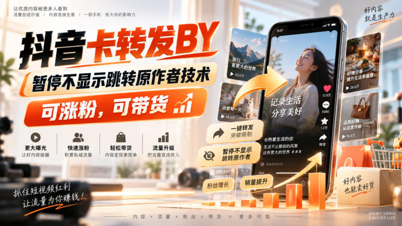 抖音卡转发搬运，暂停不显示跳转原作者技术，可涨粉，可带货-MFXUI中国站