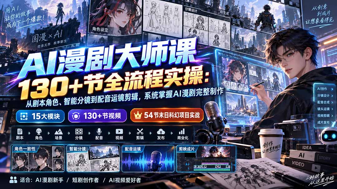 AI漫剧大师课130+节全流程实操：从剧本角色、智能分镜到配音运镜剪辑，系统掌握AI漫剧完整制作-MFXUI中国站