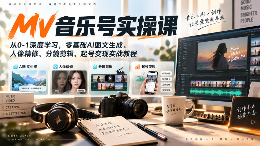 AI MV音乐号实操课，从0-1深度学习，零基础AI图文生成、人像精修、分镜剪辑、起号变现实战教程-MFXUI中国站