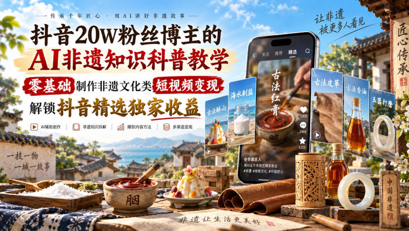 抖音20W粉丝博主的AI非遗知识科普教学,零基础制作非遗文化类短视频变现,解锁抖音精选独家收益-MFXUI中国站