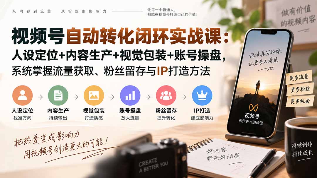 视频号自动转化闭环实战课：人设定位+内容生产+视觉包装+账号操盘，系统掌握流量获取、粉丝留存与IP打造方法-MFXUI中国站