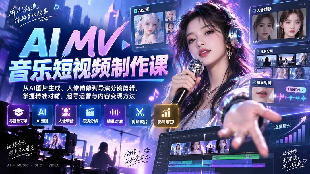 AI MV音乐短视频制作课:从AI图片生成、人像精修到导演分镜剪辑,掌握精准对嘴、起号运营与内容变现方法-MFXUI中国站