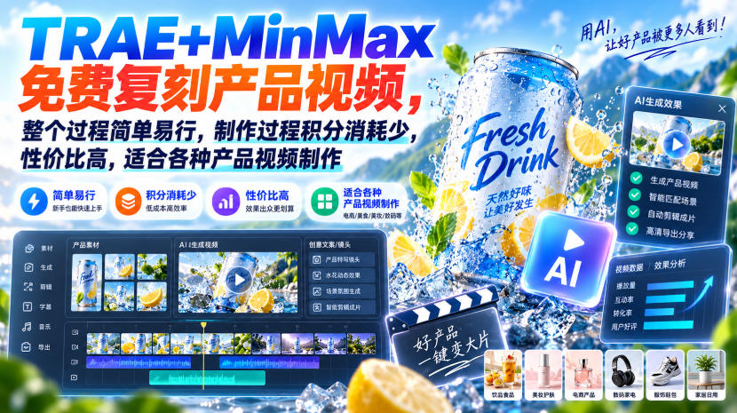 TRAE+MinMax免费复刻产品视频，整个过程简单易行，制作过程积分消耗少，性价比高，适合各种产品视频制作-MFXUI中国站