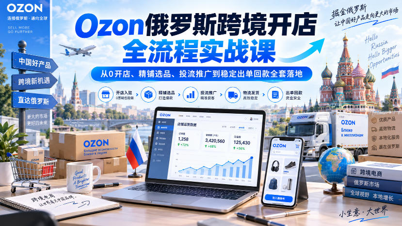 Ozon俄罗斯跨境开店全流程实战课｜从0开店、精铺选品、投流推广到稳定出单回款全套落地-MFXUI中国站