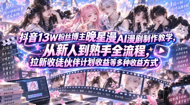 抖音13W粉丝博主晚星漫AI漫剧制作教学，从新人到熟手全流程，拉新收徒伙伴计划收益等多种收益方式，单日1K+-MFXUI中国站