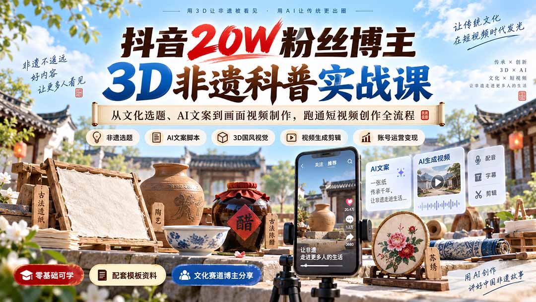抖音20W粉丝博主3D非遗科普实战课：从文化选题、AI文案到画面视频制作，跑通短视频创作全流程-MFXUI中国站