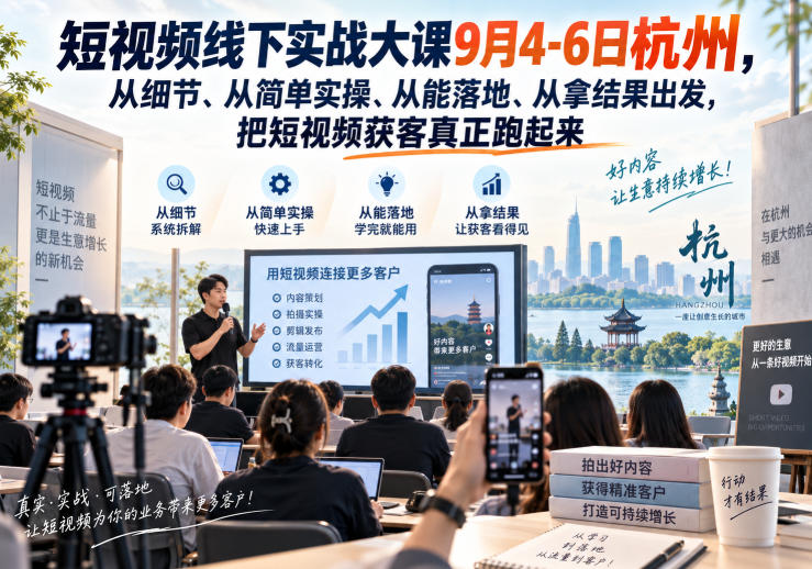 短视频线下实战大课9月4-6日杭州，从细节、从简单实操、从能落地、从拿结果出发，把短视频获客真正跑起来-MFXUI中国站