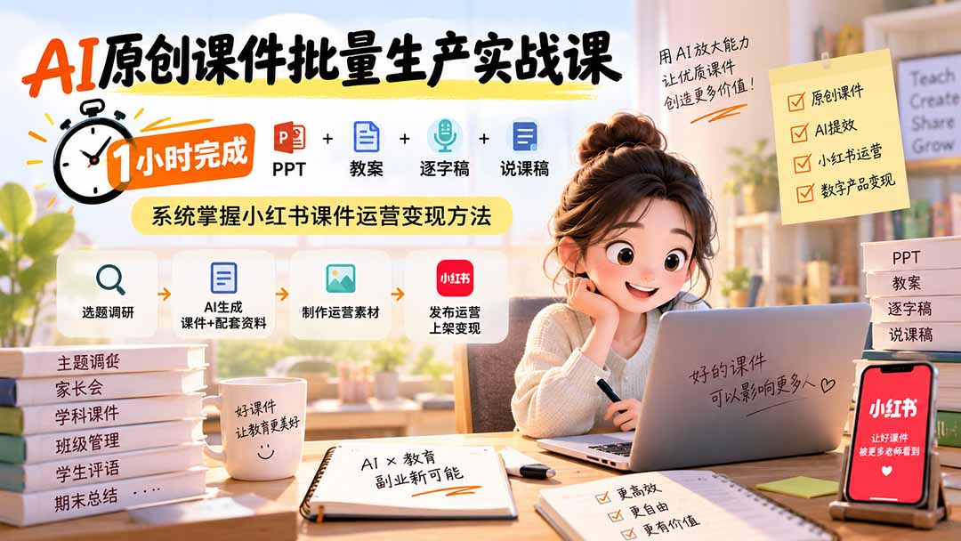 AI原创课件批量生产实战课：1小时完成PPT+教案+逐字稿+说课稿，系统掌握小红书课件运营变现方法-MFXUI中国站