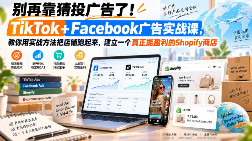 别再靠猜投广告了！TikTok+Facebook广告实战课，教你用实战方法把店铺跑起来，建立一个真正能盈利的Shopify商店【原创双语字幕】-MFXUI中国站