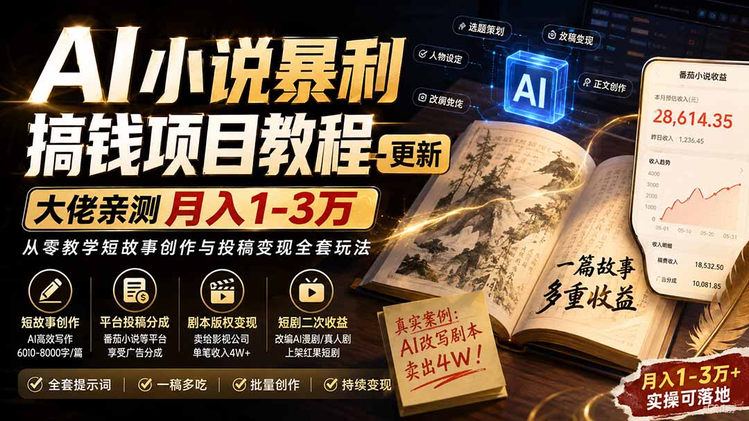 AI小说短故事暴利搞钱项目教程-更新,大佬亲测月入1-3万,从零教学短故事创作与投稿变现全套玩法-MFXUI中国站