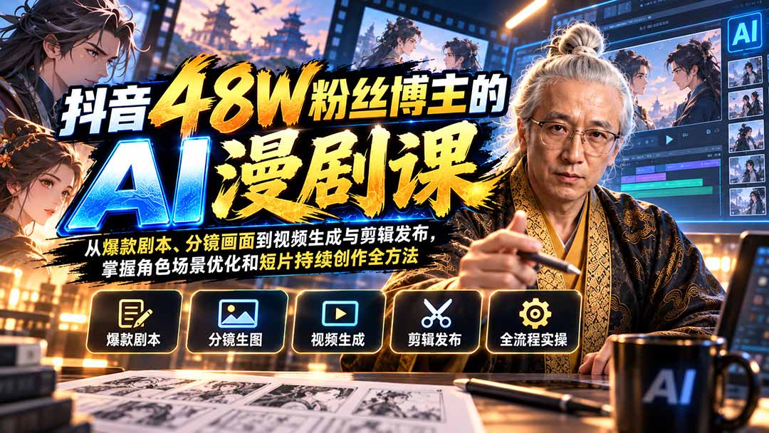 抖音48W粉丝博主的AI漫剧课：从爆款剧本、分镜画面到视频生成与剪辑发布，掌握角色场景优化和短片持续创作全方法-MFXUI中国站