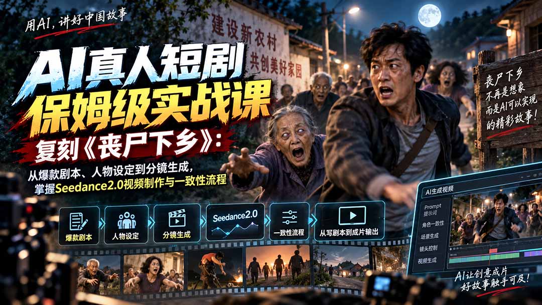 AI真人短剧保姆级实战课，复刻《丧尸下乡》：从爆款剧本、人物设定到分镜生成，掌握Seedance2.0视频制作与一致性流程-MFXUI中国站