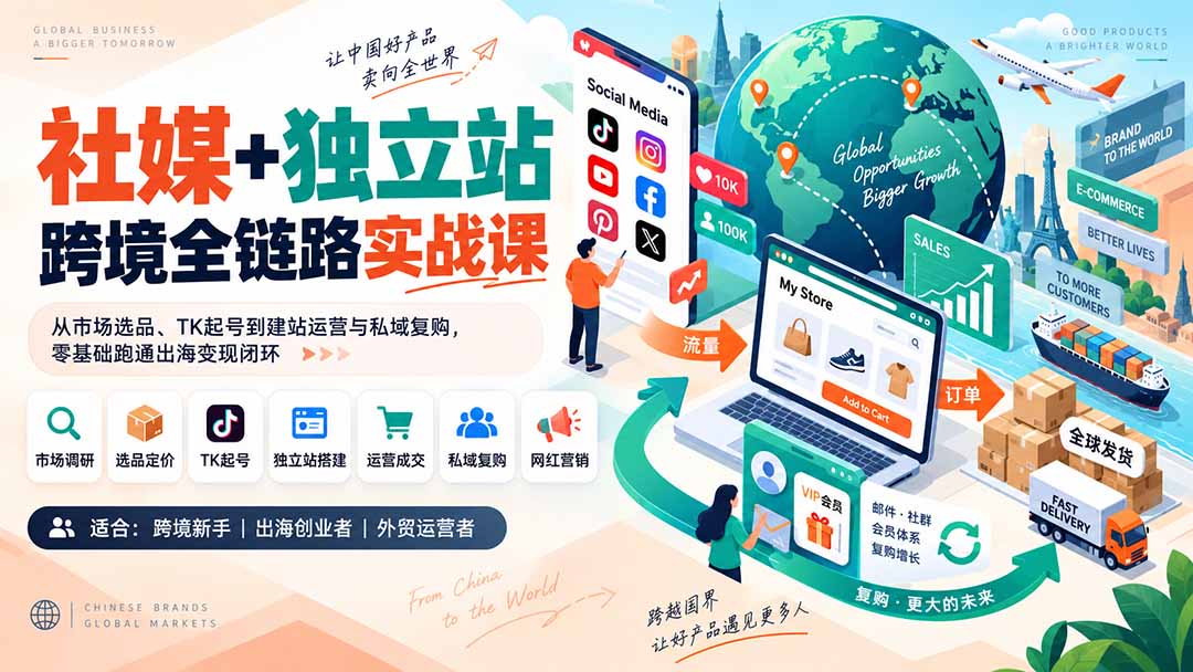 社媒+独立站跨境全链路实战课：从市场选品、TK起号到建站运营与私域复购，零基础跑通出海变现闭环-MFXUI中国站