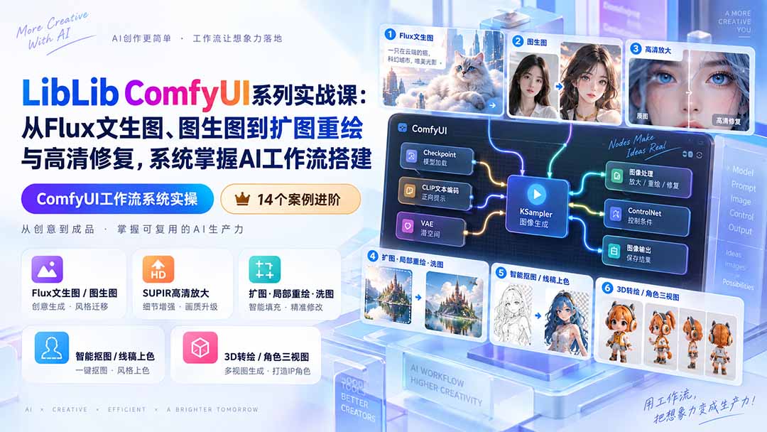 LibLib ComfyUI系列实战课：从Flux文生图、图生图到扩图重绘与高清修复，系统掌握AI工作流搭建-MFXUI中国站