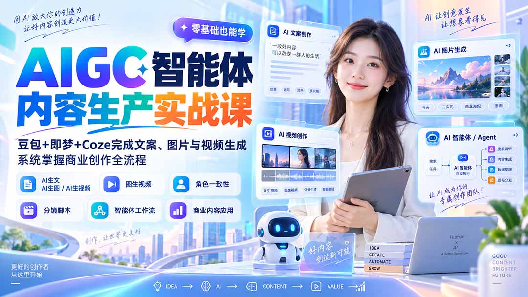 AIGC智能体内容生产实战课：豆包+即梦+Coze完成文案、图片与视频生成，系统掌握商业创作全流程-MFXUI中国站