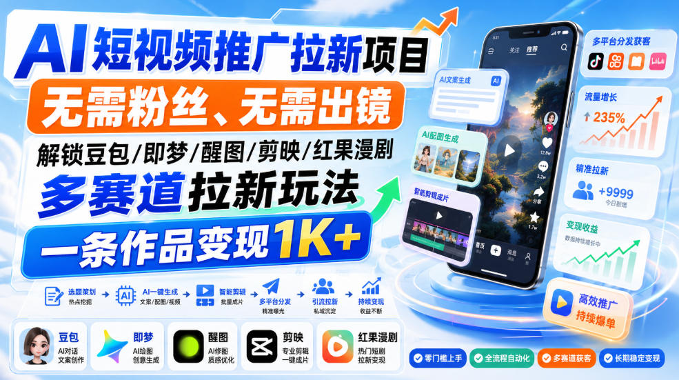 AI短视频推广拉新项目，无需粉丝、无需出镜，解锁豆包/即梦/醒图/剪映/红果漫剧多赛道拉新玩法，一条作品变现1K+(更新0910)-MFXUI中国站