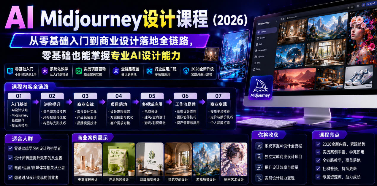 AI Midjourney设计课程(2026)，从零基础入门到商业设计落地全链路，零基础也能掌握专业AI设计能力(更新0913)-MFXUI中国站