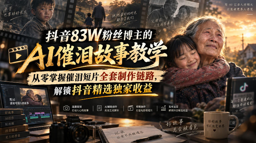 抖音83W粉丝博主的AI催泪故事教学，从零掌握催泪短片全套制作链路，解锁抖音精选独家收益-MFXUI中国站