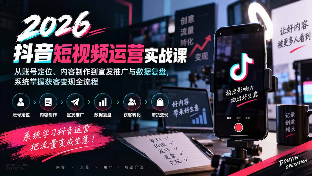 2026抖音短视频运营实战课:从账号定位、内容制作到宣发推广与数据复盘,系统掌握获客变现全流程-MFXUI中国站