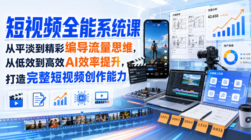 短视频全能系统课,从平淡到精彩编导流量思维,从低效到高效AI效率提升,打造完整短视频创作能力(完整版)
