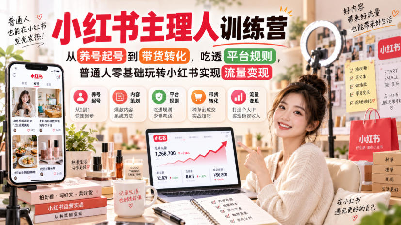小红书主理人训练营，从养号起号到带货转化，吃透平台规则，普通人零基础玩转小红书实现流量变现-MFXUI中国站