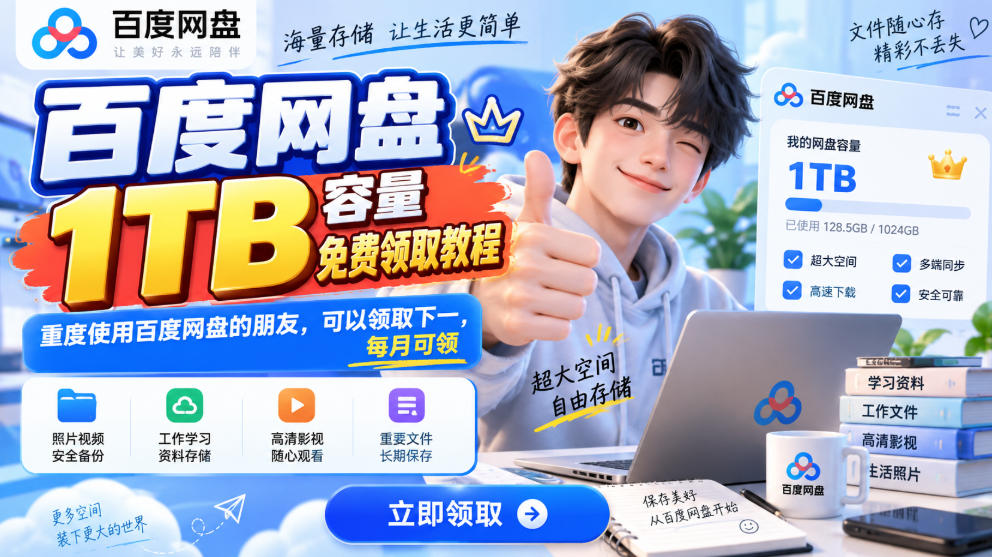 百度网盘1TB容量免费领取教程，重度使用百度网盘的朋友，可以领取下一，每月可领-MFXUI中国站