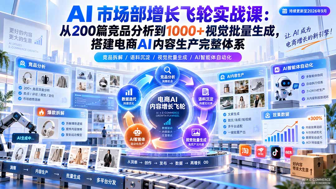 AI 市场部增长飞轮实战课：从200篇竞品分析到1000+视觉批量生成，搭建电商AI内容生产完整体系-MFXUI中国站