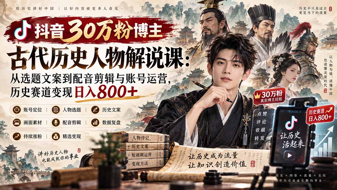 抖音30万粉博主古代历史人物解说课：从选题文案到配音剪辑与账号运营，历史赛道变现日入800+-MFXUI中国站