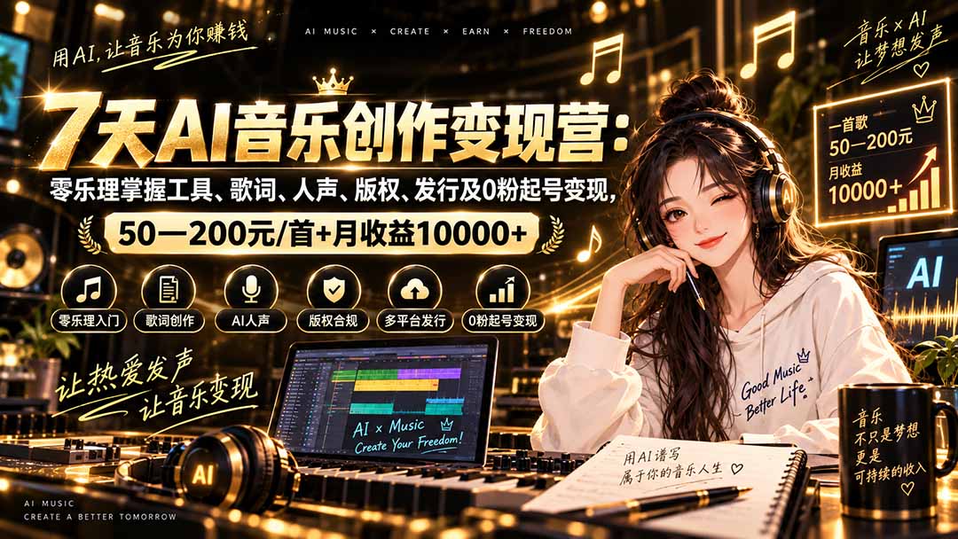 AI音乐创作变现营：零乐理掌握工具、歌词、人声、版权、发行及0粉起号变现，50—200元/首+月收益10000+-MFXUI中国站