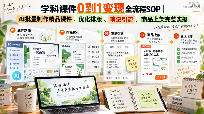 学科课件0到1变现全流程SOP｜AI批量制作精品课件、优化排版、笔记引流、商品上架完整实操​-MFXUI中国站